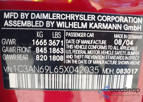 2005 Chrysler Crossfire Limited from USA, damaged, VIN 1C3AN69L65X042035